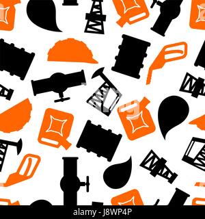 Oil production seamless pattern. petroleum industry symbols background. Ornament for petrol processing. naphtha rig and working helmet. Pipe and drum Stock Vector