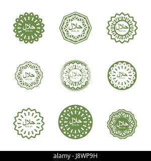 Halal sign. Muslim traditional food logo. Etiquette Arabic meal. Logo for Muslims permitted feed. Islamic ornament. Stock Vector