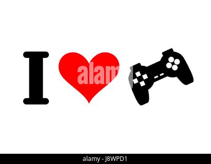 I love games. Heart and gamepad. Logo for players in console. PC Joystick. I like play computer Stock Vector