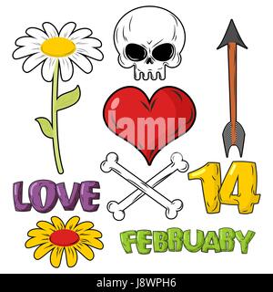 Set for Valentines day. Skull and heart. Love and 14 February. Bones and arrow. Chamomile, beautiful flower. Symbols tattoo design Stock Vector