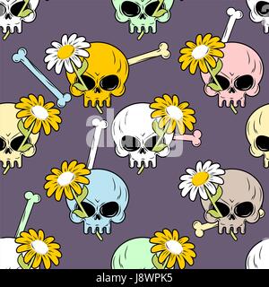 Skulls and flowers seamless pattern. Cute backgrounds for Halloween. Stock Vector