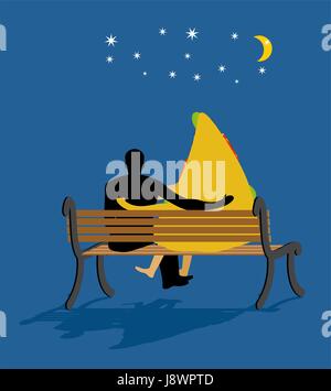 Pizza looked at stars. Date night. Man and piece of pizza sit on bench. Moon and stars in night dark sky. Romantic meal illustration life gourmet Stock Vector