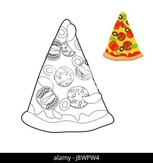 Pizza coloring book. Delicious slice of pizza in linear style. Italian traditional food. Fresh ingredients sausage and tomatoes. Greens and olives Stock Vector
