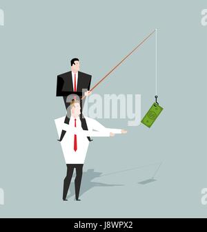 Financial motivation. Boss holding on hook dollar. Rewards for job. Director and subordinate. Rod and cash. Monetary stimulus. Performing duties. Enco Stock Vector