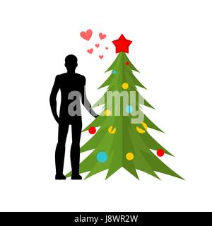 Christmas Lover. Love in New Year. Man and Christmas tree. Lovers holding hands. Romantic illustration. Xmas template Stock Vector