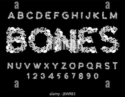 Bones font. Letters anatomy. Skeleton ABC. Skull and spine. Jaw and pelvis. Hell Scary alphabet Stock Vector