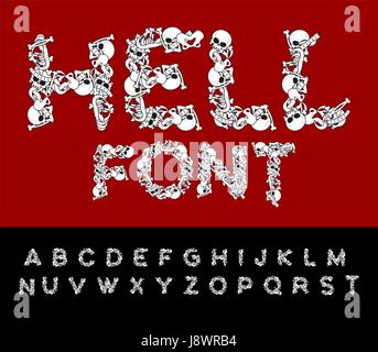 Hell font. Bones ABC. Skeleton Letters. Skull and spine. Jaw and pelvis. Scary alphabet Stock Vector