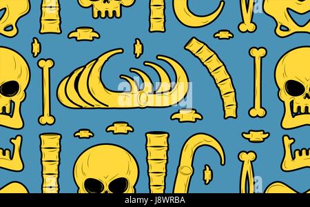 Bones seamless pattern. Skeleton background. Skull ornament. Anatomy texture. Hell pattern. Skull and spine. jaw and pelvis. Halloween template. Relig Stock Vector