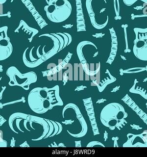 Skeleton background. Bones seamless pattern. Skull ornament. Anatomy texture. Hell pattern. Skull and spine. jaw and pelvis. Halloween template. Relig Stock Vector