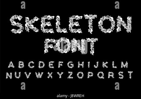 Skeleton font. Letters anatomy. Bones ABC. Skull and spine. Jaw and pelvis. Hell Scary alphabet Stock Vector