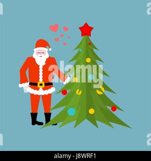 Santa Claus and Christmas tree holding hands. Christmas date. Old man in red suit and fur-tree New Year. Stock Vector