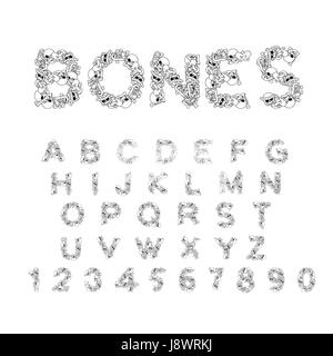 Bones alphabet. Letters anatomy. Skeleton font. Skull and spine. Jaw and pelvis. Hell Scary ABC Stock Vector