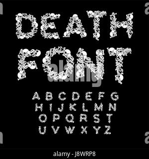 Death font. Bones ABC. Skeleton alphabet. Letters anatomy. Skull and spine. Jaw and pelvis. Hell Scary Stock Vector