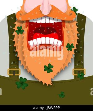 Leprechaun screams. Scary Gnome red beard shouts. Angry dwarf shout. grandfather in green coat. Open your mouth and teeth. Illustration for St. Patric Stock Vector