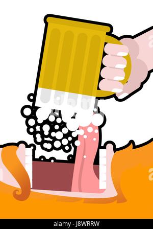Irishman drinking beer. Illustration for St. Patricks Day. Leprechaun reddish beard and mug of ale. Open mouth and tongue. National Holiday in Ireland Stock Vector