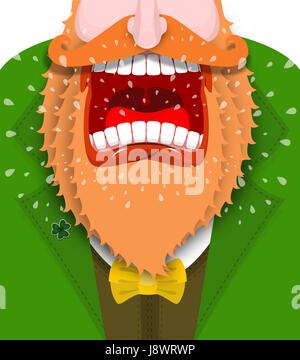 Leprechaun cry Illustration for St. Patricks Day. Scary Gnome red beard shouts. Angry dwarf shout. grandfather in green coat. Open your mouth and teet Stock Vector