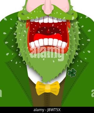 Leprechaun shout. Angry dwarf shout. Scary Gnome green beard shouts. grandfather in green coat. Open your mouth and teeth. Illustration for St. Patric Stock Vector