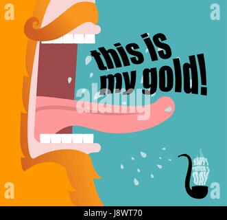 Leprechaun shouts this is my gold. Scary red beard leprechaun shouts. Santa in green coat. Open your mouth and teeth. Illustration for St. Patrick's D Stock Vector