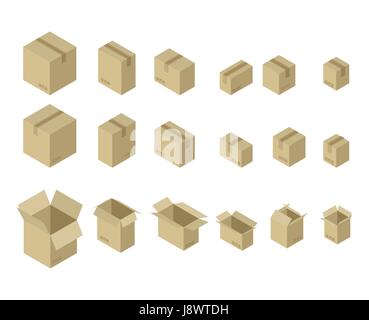 Cardboard box isometrics set. Different variants of shape and size of paper packaging Stock Vector