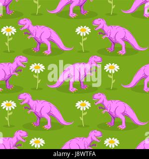Dinosaur and flower seamless pattern. Pink Tyrannosaurus and camomile texture. Prehistoric predator on green meadow background. Ancient reptile and wh Stock Vector