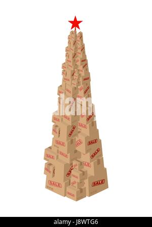 Christmas Sale cardboard boxes. New Year Set of paper packaging for goods. Many shopping. Discounts on goods. On sale at store. Christmas tree made of Stock Vector