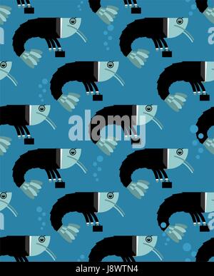 Office plankton seamless pattern. Shrimp in business suit texture. Marine animal background. Crustaceans manager in tie and carrying briefcase Stock Vector