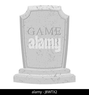 Game over tomb. Carved stone end of game. text tombstone. RIP old cracked. Death is end of life. final inscription on grave Stock Vector