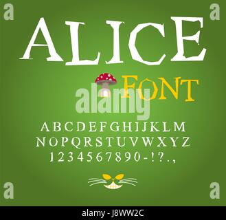 Alice in Wonderland font. Fairy ABC. mad Alphabet  Cheshire Cat. Set of letters. Magical beast with long striped tail Stock Vector