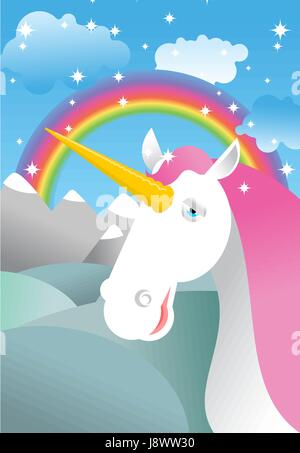 Unicorn on landscape. Rainbow, Fields and meadows. Clouds and sky. Magic animal in nature Stock Vector