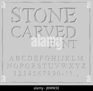 Stone Carved font. Alphabet on rock plate. Chips and scratches. Ancient ABC. Archaic letters
