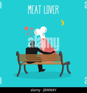Meat lovers. Ham and people are looking at moon. Date night. Man and beef sit on bench. Month in night dark sky. Romantic illustration of jamon Stock Vector