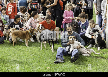 Rioja, Spain - October 9, 2016: Civilians protesting the violence towards street dogs, solidarity for animal rights at the park in the city Rioja, Spa Stock Photo