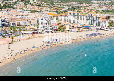 Playa Norte and beach side hotels along the waterfront of Peniscola, Spain Stock Photo