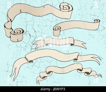 Set of styled vintage ribbons and banners on the old cracked paint background Stock Vector