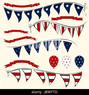 Set of patriotic Independence Day bunting, balloons and ribbons. American July 4th vector elements for banners Stock Vector