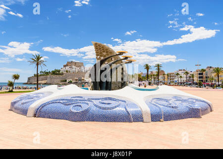 Waterfront mosaic fountain along the promenade of Peniscola Town, Spain Stock Photo