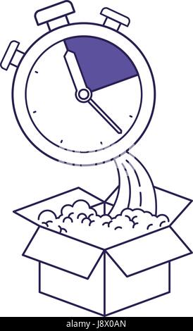 purple line contour of cardboard box and stopwatch Stock Vector