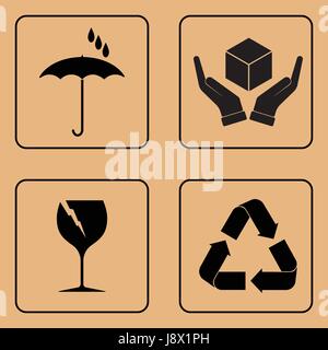 Fragile symbol on cardboard. Set of fragile icons on cardboard. Stock Vector