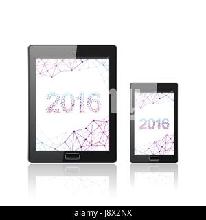 Modern digital tablet PC with mobile smartphone isolated on the white.  Molecule and communication background. Science design. Vector Illustration Stock Vector