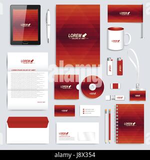 Red set of vector corporate identity template. Modern branding stationery mock-up. Background with dark red triangles. Business, science, medicine and technology design Stock Vector
