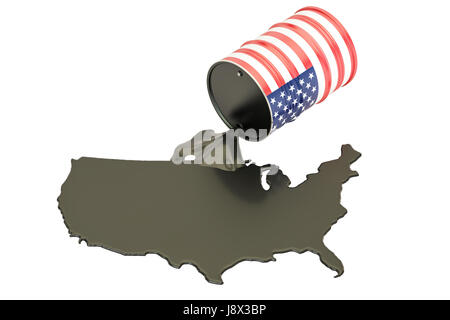 USA map with oil and barrel. Oil production concept. 3D rendering Stock Photo