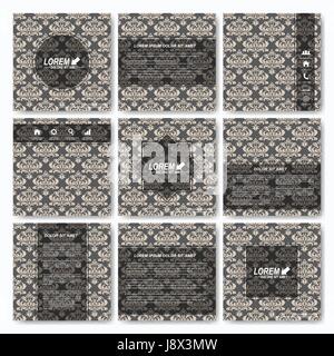 Modern vector templates for square brochure, cover, layout, card or magazine. Seamless wallpapers in the style of Baroque. Old damask background Stock Vector