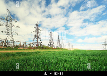 Group of electric lines on summer sky background. Electric towers in green field on sunny day Stock Photo