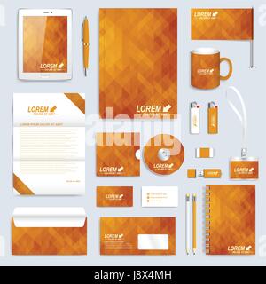 Golden set layout of vector corporate identity template. Business, science, medicine and technology design stationery mock-up. Background with gold triangles. Abstract branding presentation leaflet Stock Vector