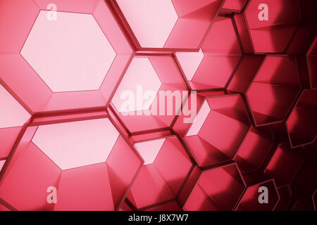 Abstract red of futuristic surface hexagon pattern, hexagonal honeycomb with light rays. 3D Rendering Stock Photo