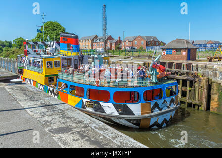 View of the pleasure cruiser 'Snowdrop' on the Manchester Ship Canal awaiting transit through the locks system at Latchford Locks in Warrington. Stock Photo
