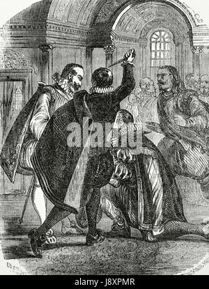 Attempt to assassinate king Henry IV of France (1553-1610) by Jean Chatel (1575-1594) on December 1594. Engraving by Chamb Aron, 1851. Stock Photo