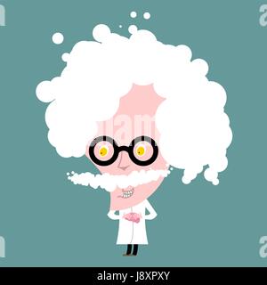 Crazy professor in white coat. Nutty Scientist keeps brain. Scientific worker of glasses. genius Gray-haired old man with mustache Stock Vector