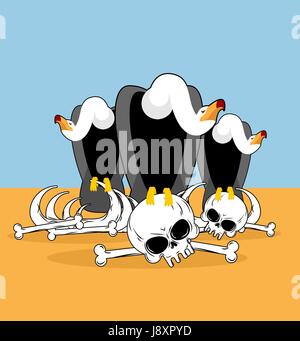 Vultures on bones in desert. griffin gnaw bones. Condor and skeleton. griffon vulture is eating carrion. Scavenger birds of prey Stock Vector