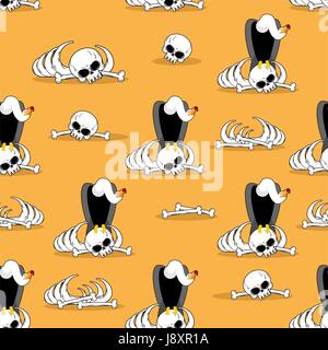 Vulture on bones in desert seamless pattern. Dead desert background. Griffon gnaw skeleton ornament. Condor and skeleton background. Griffon vulture i Stock Vector